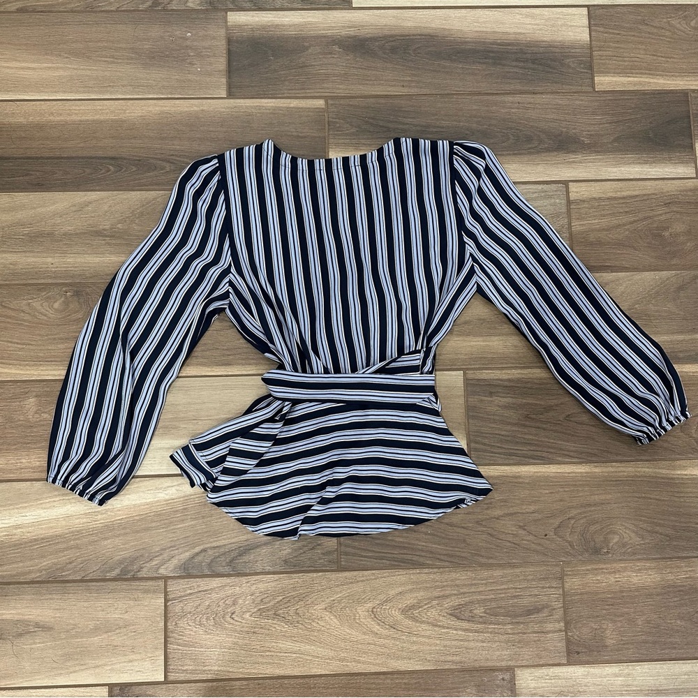 LOFT Navy and Light Blue Striped Wrap Blouse - Picture 9 of 9